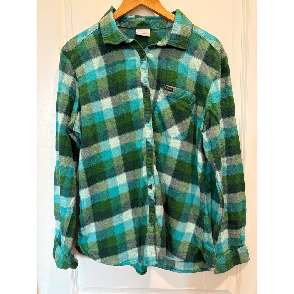 Columbia Flannel Shirt Womens XL Green Teal Plaid Long Sleeve Button Down Top